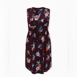 Burgundy Purple Floral Challis Zip Front Drawstring Shirt Dress